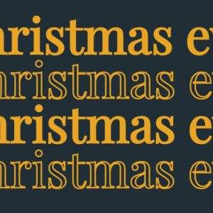 Festive Christmas Eve typography with gold palm fronds and star accents on a dark background.