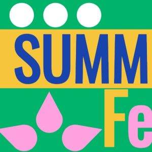 Vibrant Summer Fest poster with colorful geometric shapes and bold text.