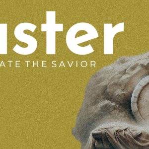 Easter celebration artwork with a stone tomb backdrop and bold text.