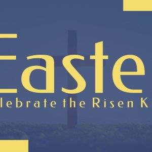 Easter celebration with bold yellow text, a subtle cross, and vibrant spring background.