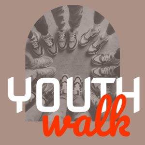 Group of diverse sneakers arranged in a circle with the words Youth Walk in bold letters.