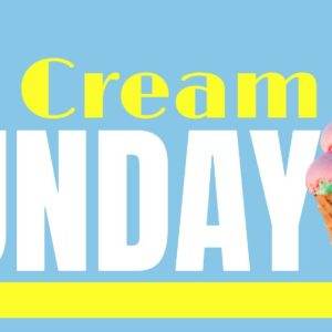 Hand holding a waffle cone topped with vibrant pink ice cream against a sunny backdrop, with bold text "Ice Cream Sunday."