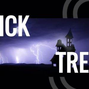 Haunted house silhouette with stormy lightning backdrop and bold "Trick Treat" text.