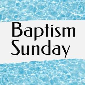 Baptism Sunday text over blue water patterns, creating a serene and spiritual vibe.