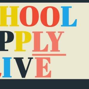 Bold "School Supply Drive" text with colorful letters and minimalistic design.