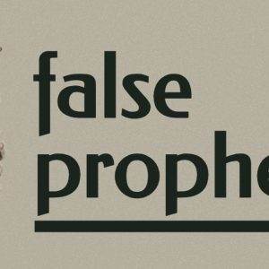 A wolf in sheep's clothing next to bold text "false prophets" on a muted background.