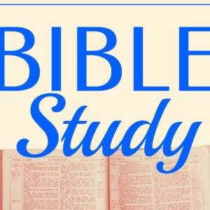 Open Bible with bold "Bible Study" text above, set against a soft beige background.