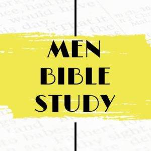 Men Bible Study text on a yellow paint splash over a blurred background of biblical text.