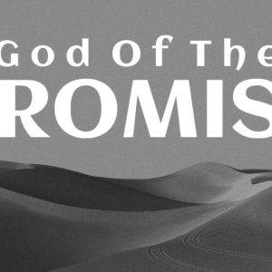 Majestic dune landscape with the phrase "God Of The Promise" in bold text.