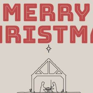 Simple Nativity scene with "Merry Christmas" in bold red letters above.