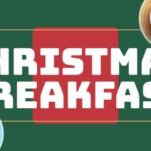 Christmas Breakfast with coffee cups on a festive green and red background.