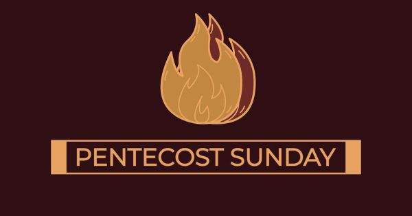 Pentecost Sunday graphic with a stylized flame on a dark background.