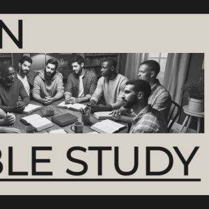 Group of men engaged in a Bible study session around a table with open books, showcasing fellowship and learning.